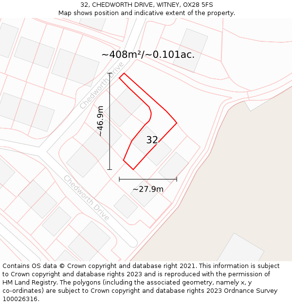 32, CHEDWORTH DRIVE, WITNEY, OX28 5FS: Plot and title map