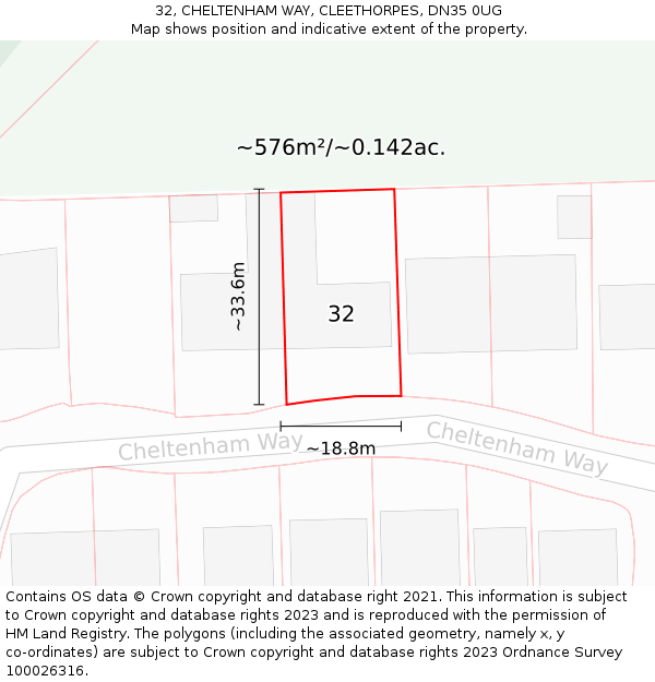 32, CHELTENHAM WAY, CLEETHORPES, DN35 0UG: Plot and title map