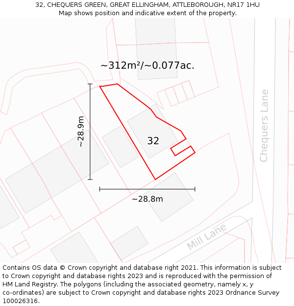 32, CHEQUERS GREEN, GREAT ELLINGHAM, ATTLEBOROUGH, NR17 1HU: Plot and title map