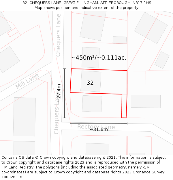 32, CHEQUERS LANE, GREAT ELLINGHAM, ATTLEBOROUGH, NR17 1HS: Plot and title map