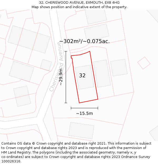 32, CHERISWOOD AVENUE, EXMOUTH, EX8 4HG: Plot and title map