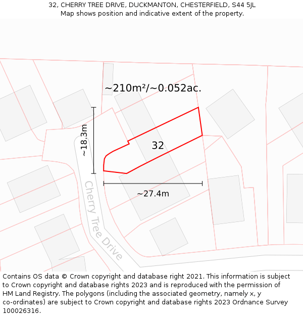 32, CHERRY TREE DRIVE, DUCKMANTON, CHESTERFIELD, S44 5JL: Plot and title map