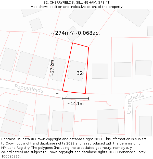 32, CHERRYFIELDS, GILLINGHAM, SP8 4TJ: Plot and title map