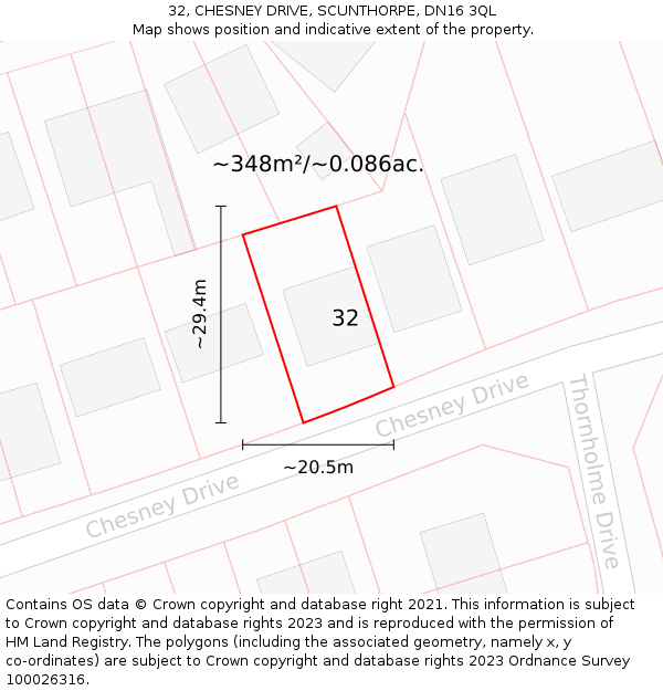 32, CHESNEY DRIVE, SCUNTHORPE, DN16 3QL: Plot and title map