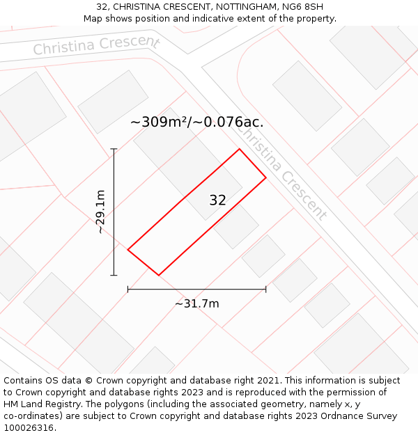 32, CHRISTINA CRESCENT, NOTTINGHAM, NG6 8SH: Plot and title map