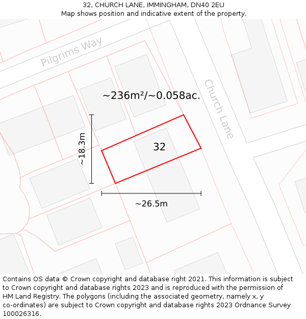 32, CHURCH LANE, IMMINGHAM, DN40 2EU: Plot and title map