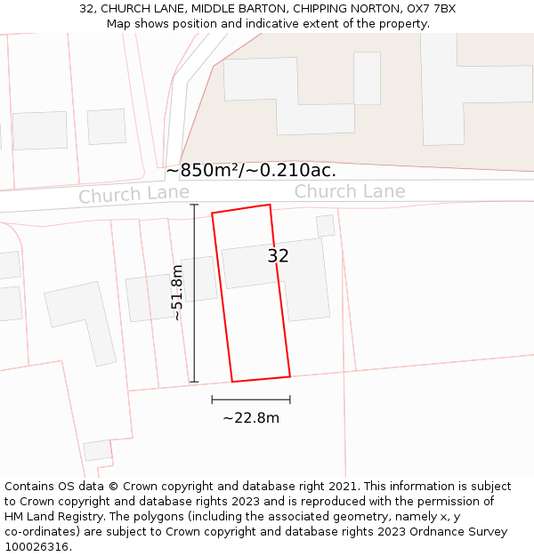 32, CHURCH LANE, MIDDLE BARTON, CHIPPING NORTON, OX7 7BX: Plot and title map