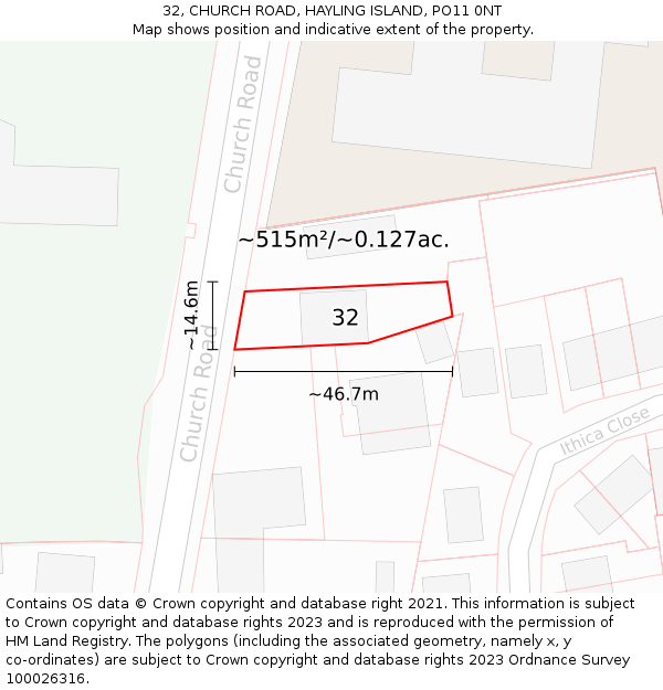 32, CHURCH ROAD, HAYLING ISLAND, PO11 0NT: Plot and title map