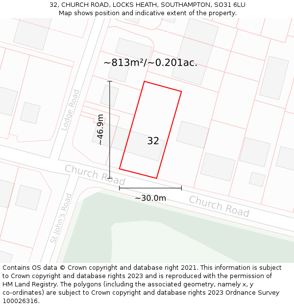 32, CHURCH ROAD, LOCKS HEATH, SOUTHAMPTON, SO31 6LU: Plot and title map