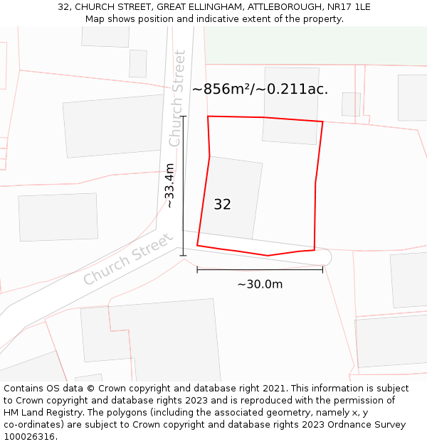 32, CHURCH STREET, GREAT ELLINGHAM, ATTLEBOROUGH, NR17 1LE: Plot and title map