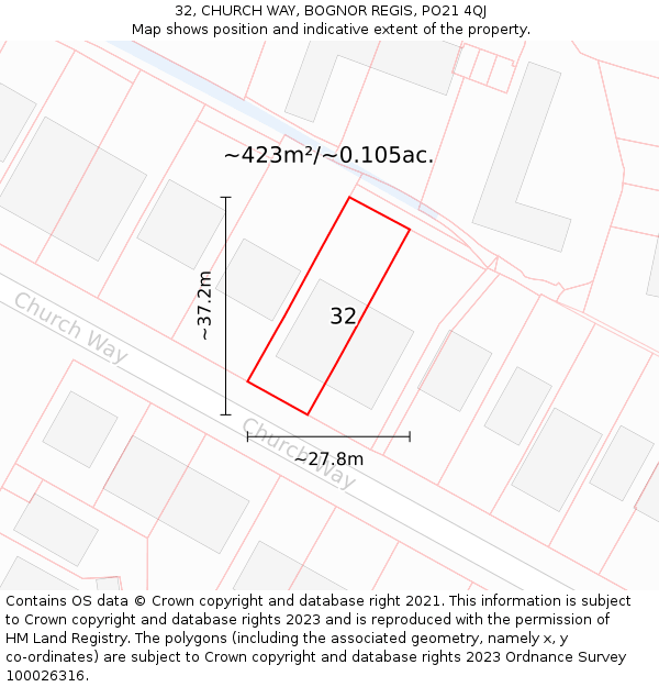 32, CHURCH WAY, BOGNOR REGIS, PO21 4QJ: Plot and title map