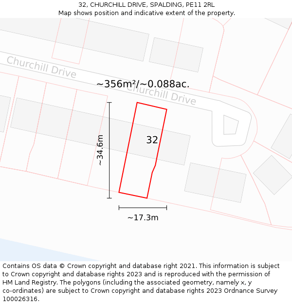 32, CHURCHILL DRIVE, SPALDING, PE11 2RL: Plot and title map