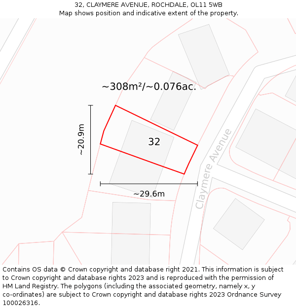 32, CLAYMERE AVENUE, ROCHDALE, OL11 5WB: Plot and title map