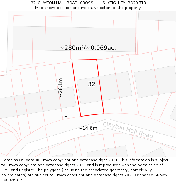 32, CLAYTON HALL ROAD, CROSS HILLS, KEIGHLEY, BD20 7TB: Plot and title map