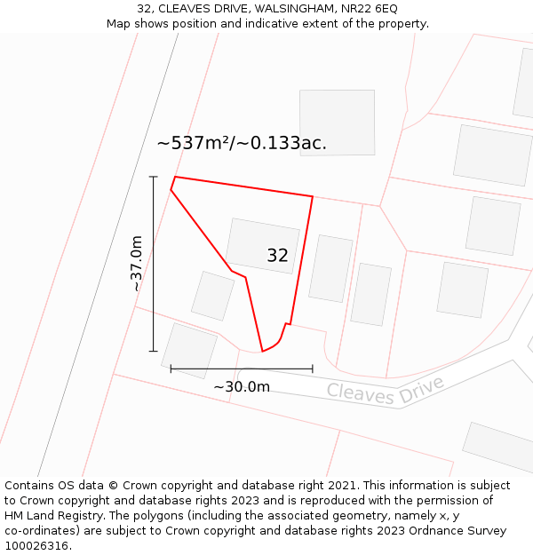 32, CLEAVES DRIVE, WALSINGHAM, NR22 6EQ: Plot and title map