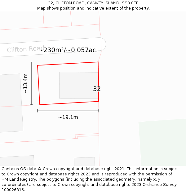 32, CLIFTON ROAD, CANVEY ISLAND, SS8 0EE: Plot and title map