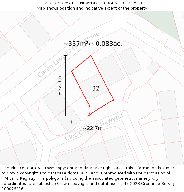 32, CLOS CASTELL NEWYDD, BRIDGEND, CF31 5DR: Plot and title map