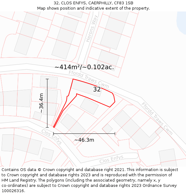 32, CLOS ENFYS, CAERPHILLY, CF83 1SB: Plot and title map