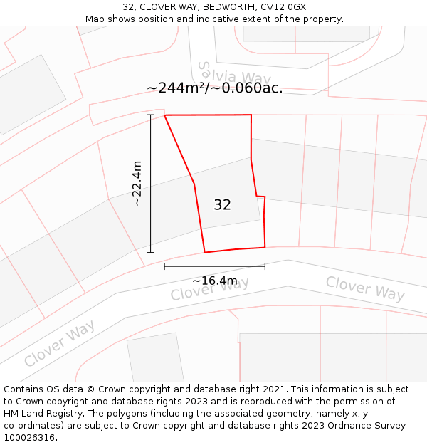 32, CLOVER WAY, BEDWORTH, CV12 0GX: Plot and title map