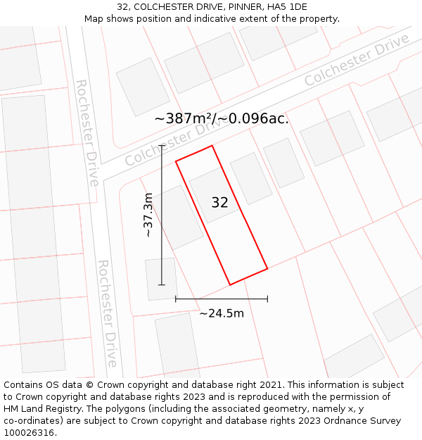 32, COLCHESTER DRIVE, PINNER, HA5 1DE: Plot and title map