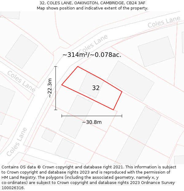 32, COLES LANE, OAKINGTON, CAMBRIDGE, CB24 3AF: Plot and title map