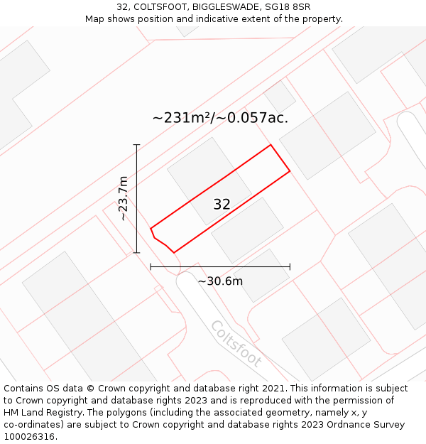 32, COLTSFOOT, BIGGLESWADE, SG18 8SR: Plot and title map