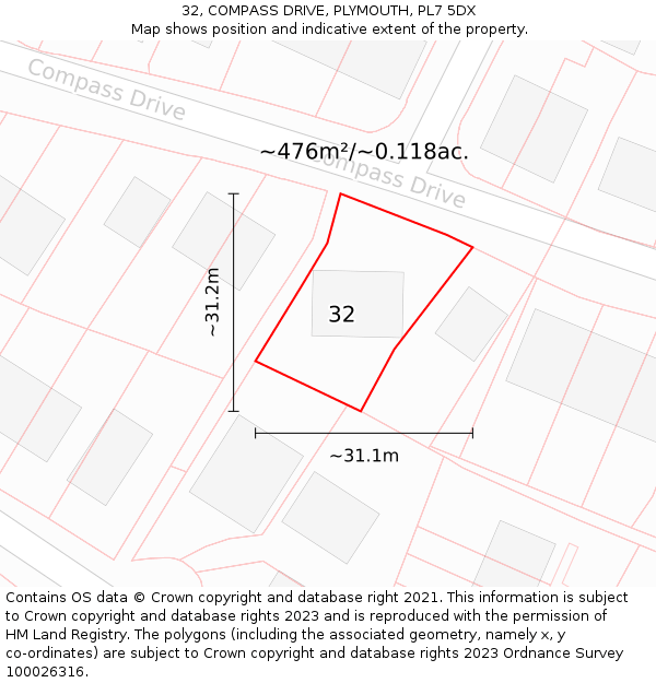 32, COMPASS DRIVE, PLYMOUTH, PL7 5DX: Plot and title map