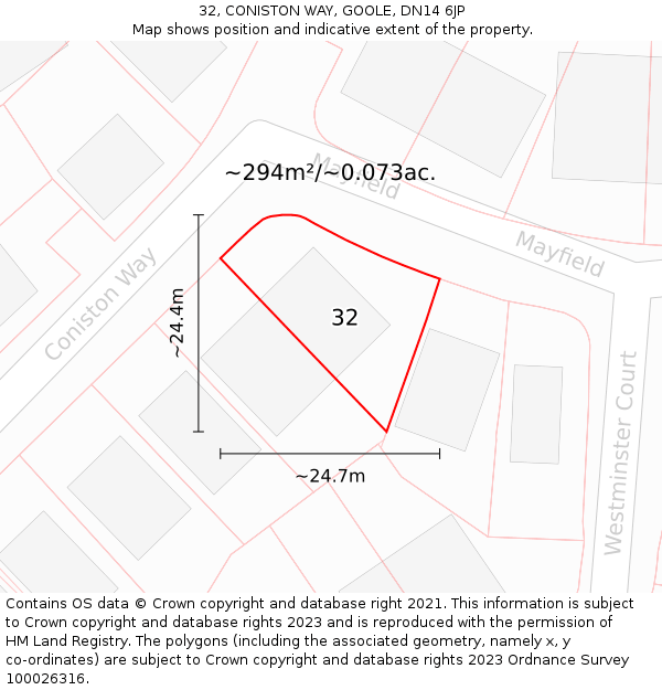 32, CONISTON WAY, GOOLE, DN14 6JP: Plot and title map