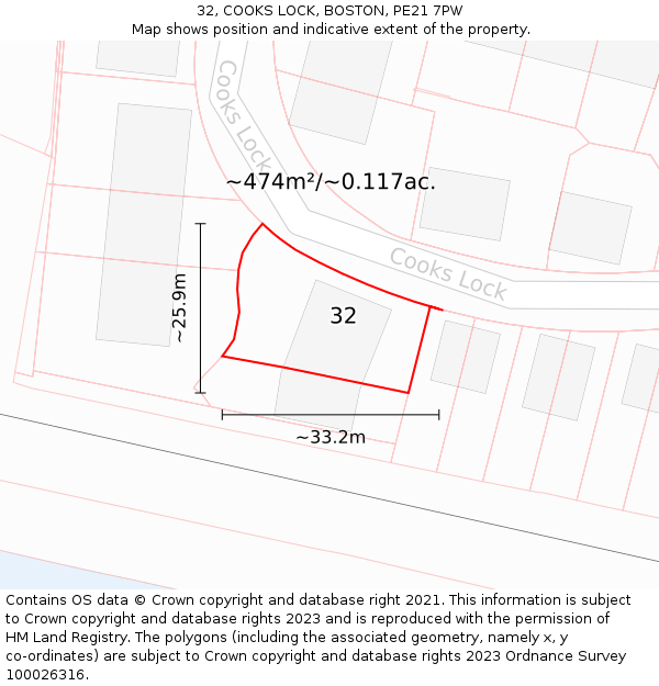 32, COOKS LOCK, BOSTON, PE21 7PW: Plot and title map