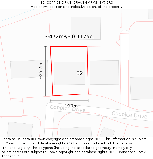 32, COPPICE DRIVE, CRAVEN ARMS, SY7 9RQ: Plot and title map