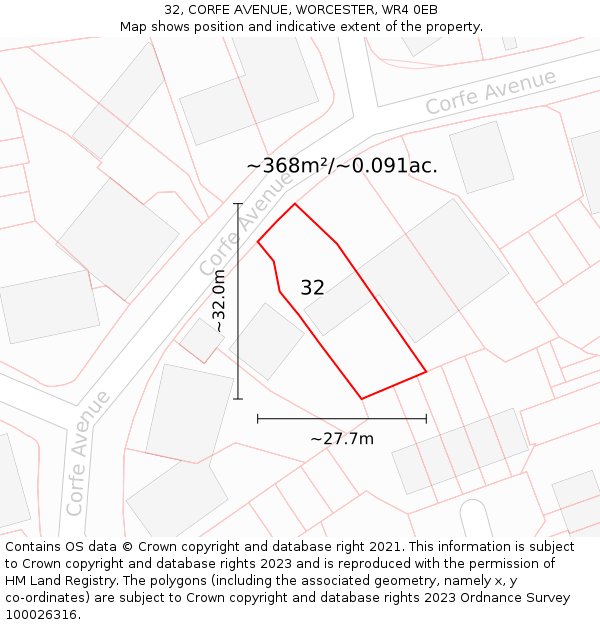 32, CORFE AVENUE, WORCESTER, WR4 0EB: Plot and title map