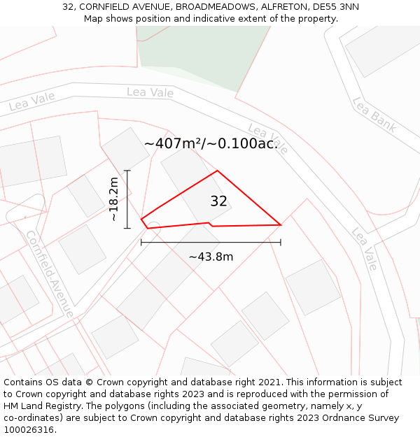 32, CORNFIELD AVENUE, BROADMEADOWS, ALFRETON, DE55 3NN: Plot and title map