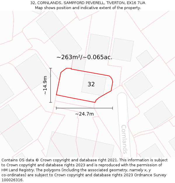 32, CORNLANDS, SAMPFORD PEVERELL, TIVERTON, EX16 7UA: Plot and title map