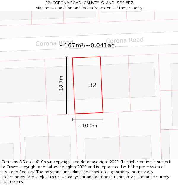 32, CORONA ROAD, CANVEY ISLAND, SS8 8EZ: Plot and title map