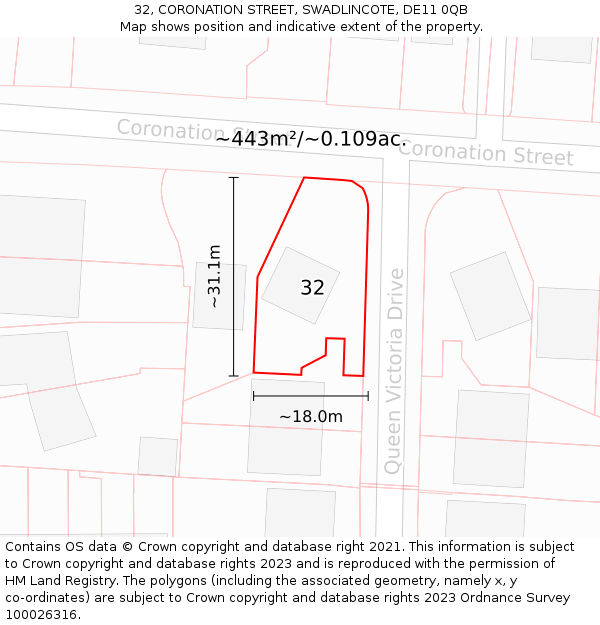 32, CORONATION STREET, SWADLINCOTE, DE11 0QB: Plot and title map