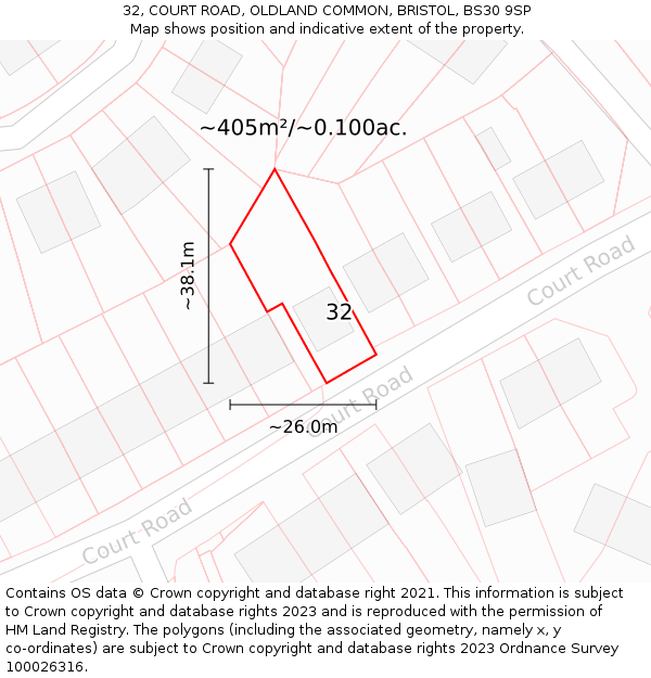 32, COURT ROAD, OLDLAND COMMON, BRISTOL, BS30 9SP: Plot and title map