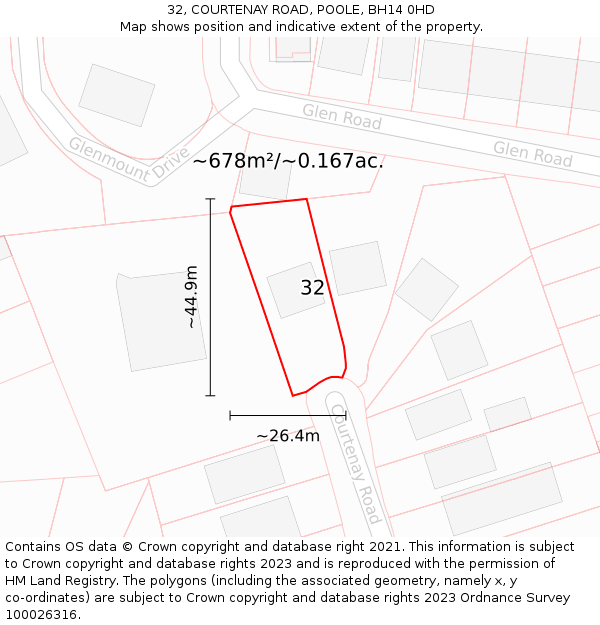 32, COURTENAY ROAD, POOLE, BH14 0HD: Plot and title map
