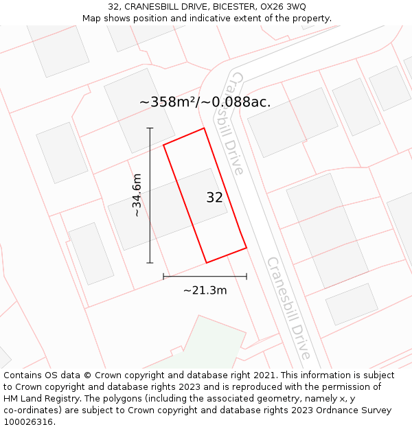 32, CRANESBILL DRIVE, BICESTER, OX26 3WQ: Plot and title map