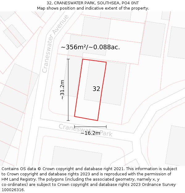 32, CRANESWATER PARK, SOUTHSEA, PO4 0NT: Plot and title map