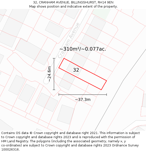 32, CRANHAM AVENUE, BILLINGSHURST, RH14 9EN: Plot and title map