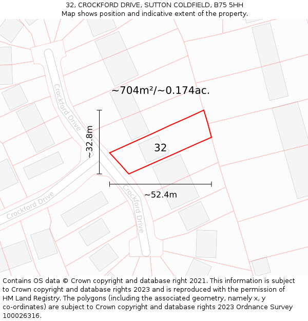 32, CROCKFORD DRIVE, SUTTON COLDFIELD, B75 5HH: Plot and title map