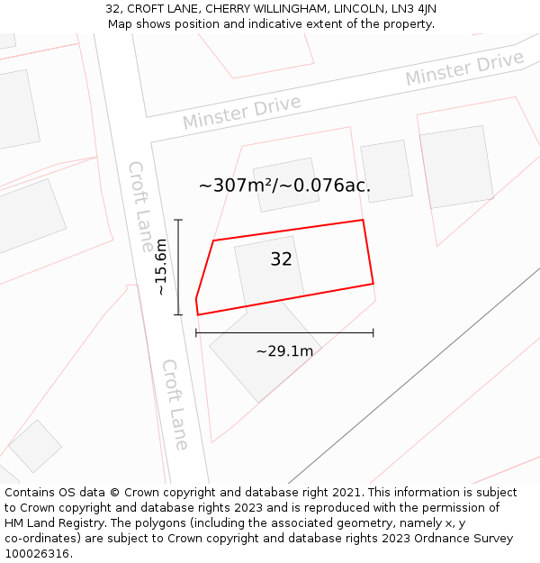 32, CROFT LANE, CHERRY WILLINGHAM, LINCOLN, LN3 4JN: Plot and title map