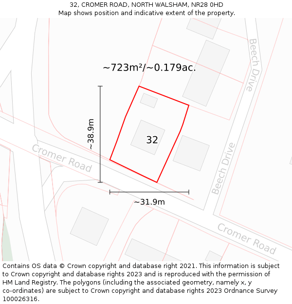 32, CROMER ROAD, NORTH WALSHAM, NR28 0HD: Plot and title map