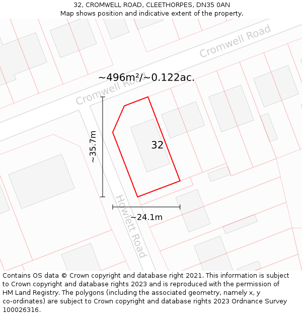 32, CROMWELL ROAD, CLEETHORPES, DN35 0AN: Plot and title map