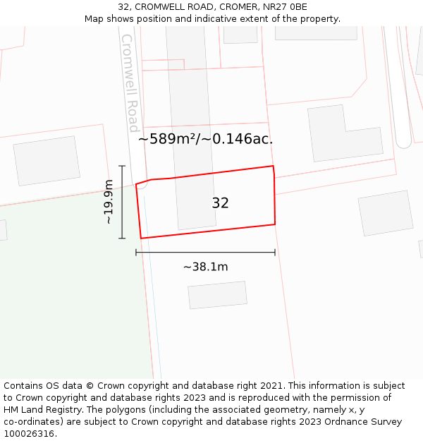 32, CROMWELL ROAD, CROMER, NR27 0BE: Plot and title map