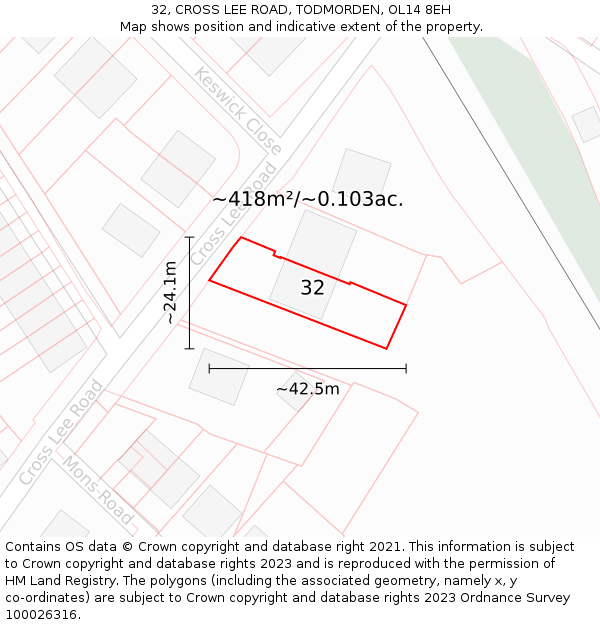 32, CROSS LEE ROAD, TODMORDEN, OL14 8EH: Plot and title map