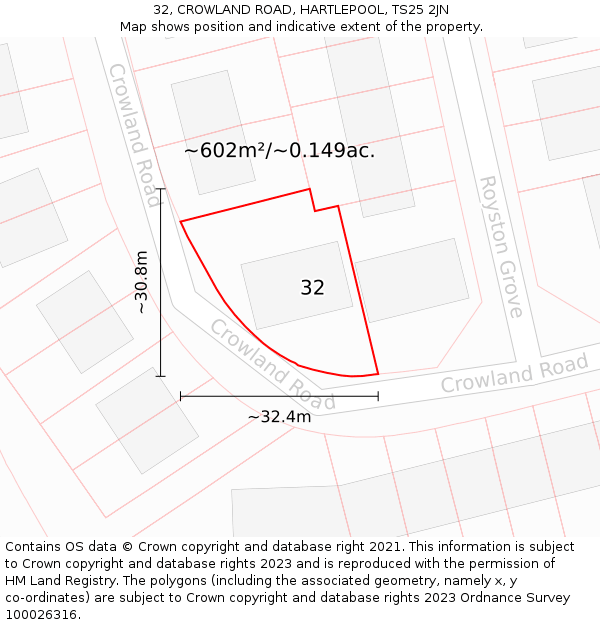 32, CROWLAND ROAD, HARTLEPOOL, TS25 2JN: Plot and title map