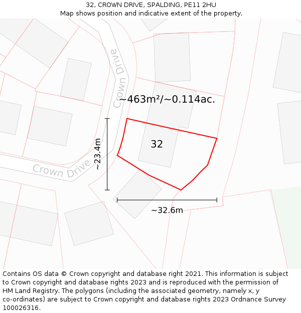 32, CROWN DRIVE, SPALDING, PE11 2HU: Plot and title map