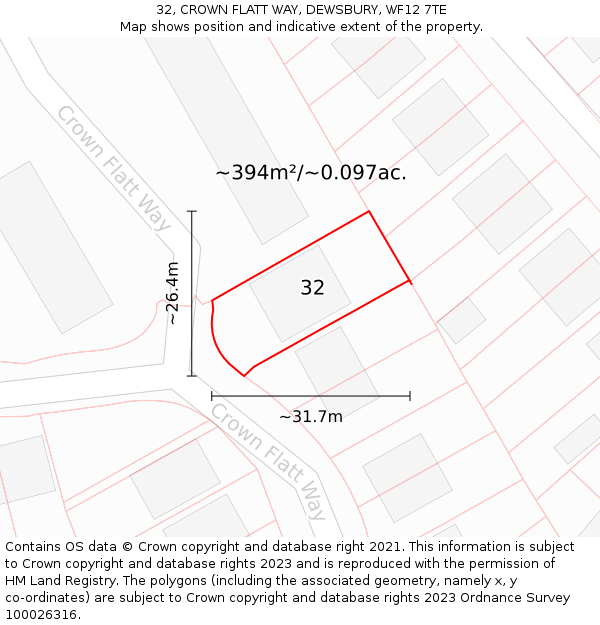 32, CROWN FLATT WAY, DEWSBURY, WF12 7TE: Plot and title map