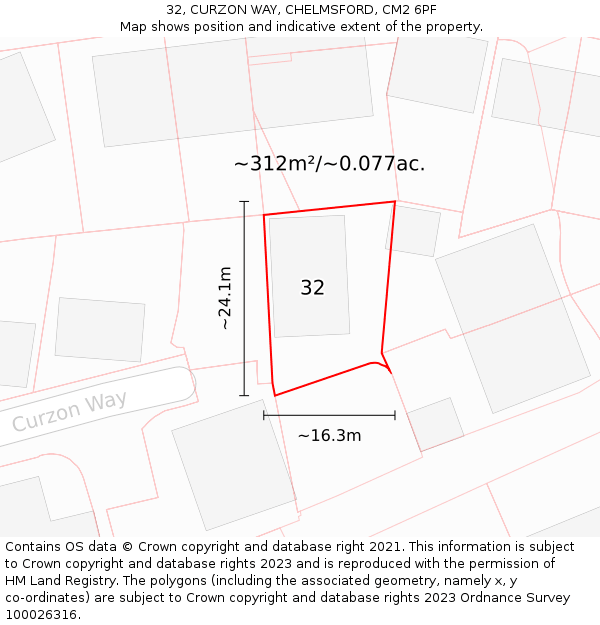 32, CURZON WAY, CHELMSFORD, CM2 6PF: Plot and title map